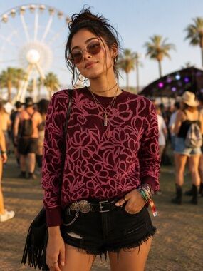 kate spade Wine and Pink Metallic Floral Knit Sweater